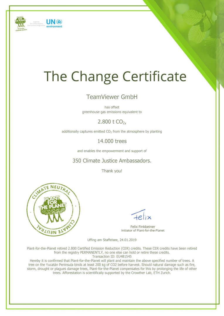 Image of Plant for planet carbon offset TeamViewer certificate