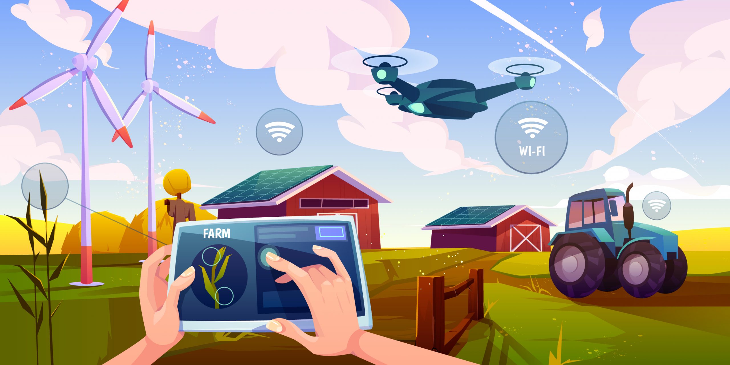 smart farming using TeamViewer IoT software to manage field, windmill, drone, trucks via tablet