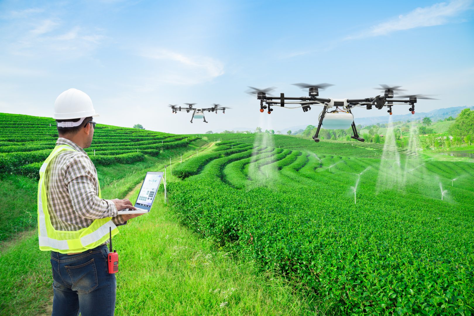 smart farmer using Teamviewer iot in agriculture software to control drone to water field